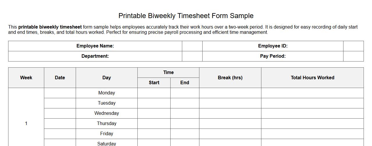 Printable biweekly timesheet form sample for employees image preview