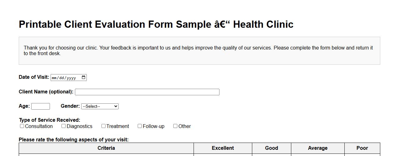 Printable client evaluation form sample for health clinics image preview