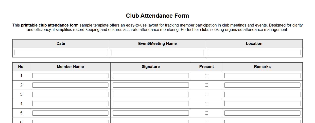 Printable club attendance form sample template image preview