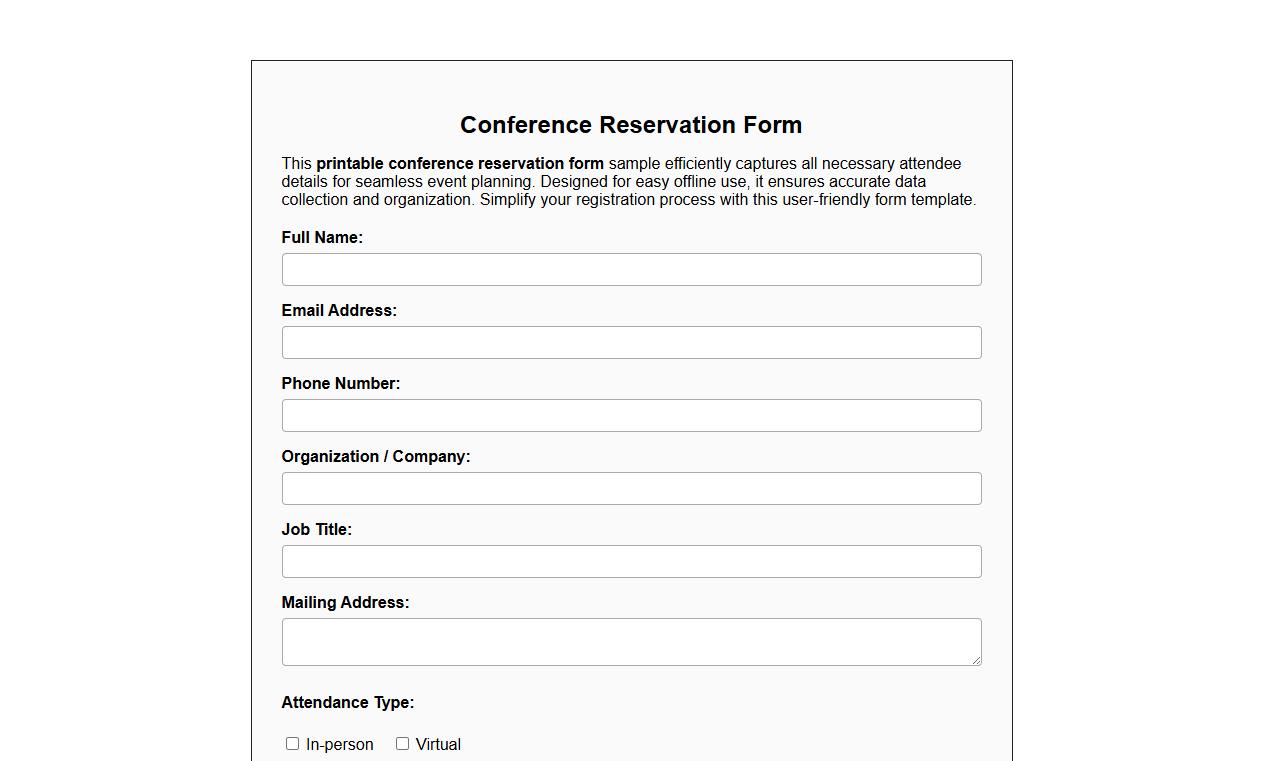 Printable conference reservation form sample with attendee details image preview