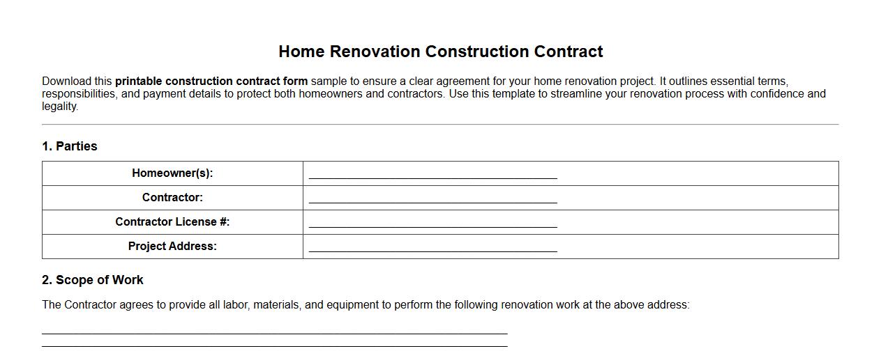 Printable construction contract form sample for home renovation image preview