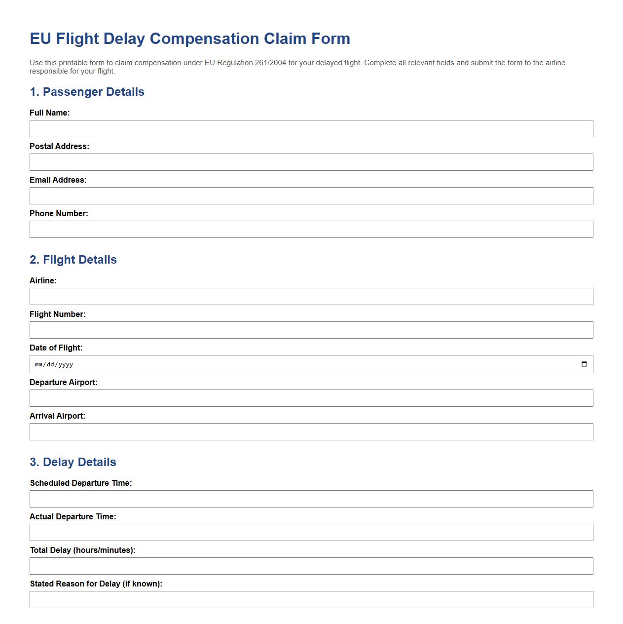 printable EU flight delay claim form sample image preview