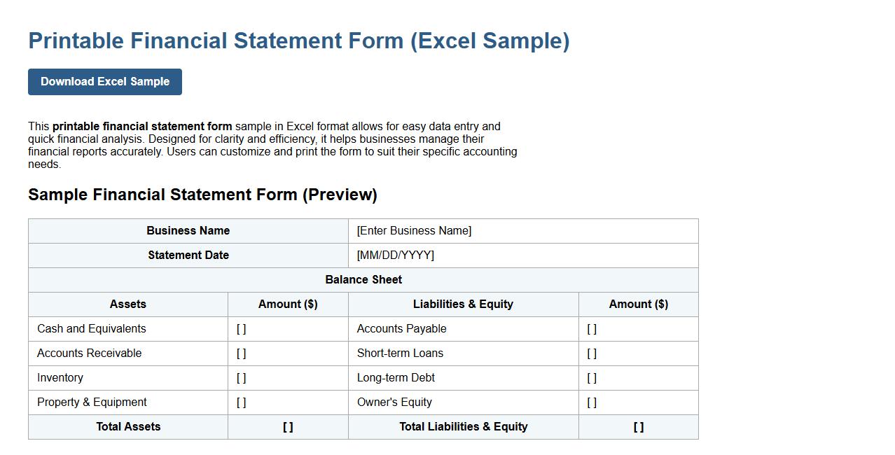 Printable financial statement form sample excel file image preview