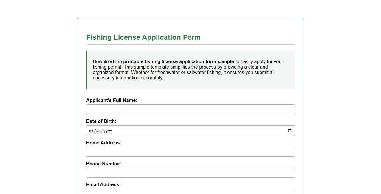 Printable fishing license application form sample image preview