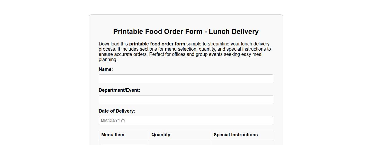 Printable food order form sample for lunch delivery image preview