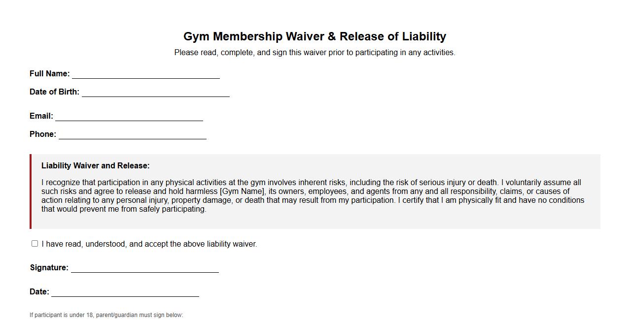 Printable gym membership waiver form with liability clause image preview