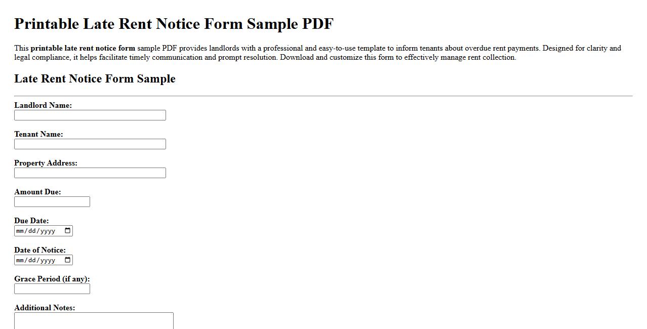 Printable late rent notice form sample PDF image preview