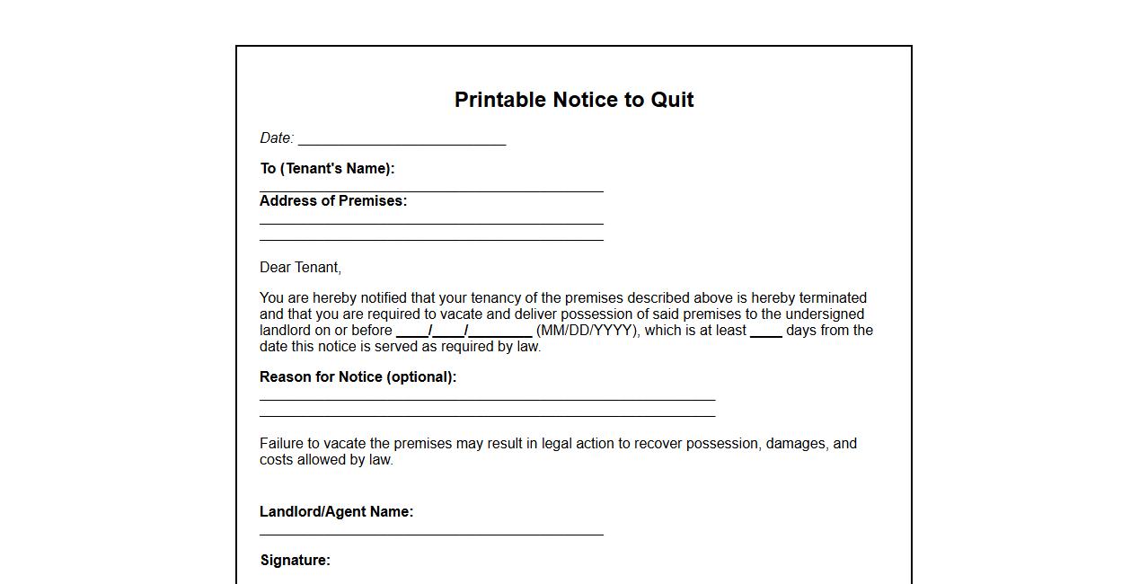 Printable notice to quit form sample for landlords image preview