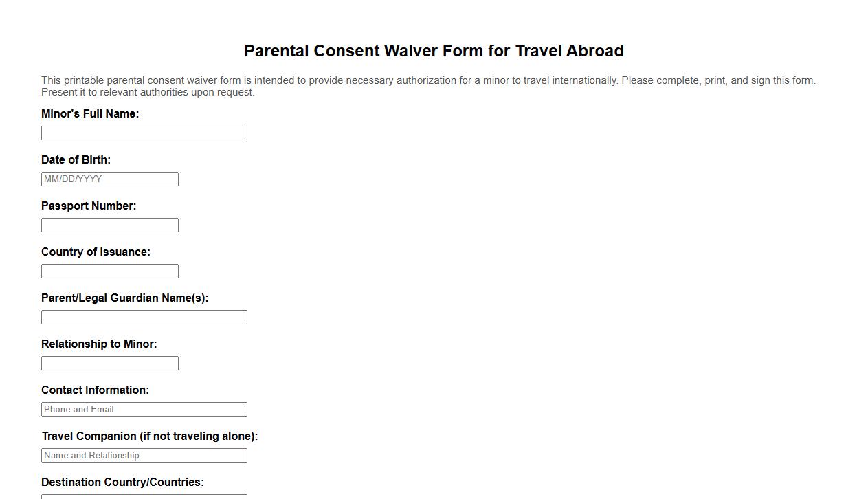 printable parental consent waiver form sample for travel abroad image preview