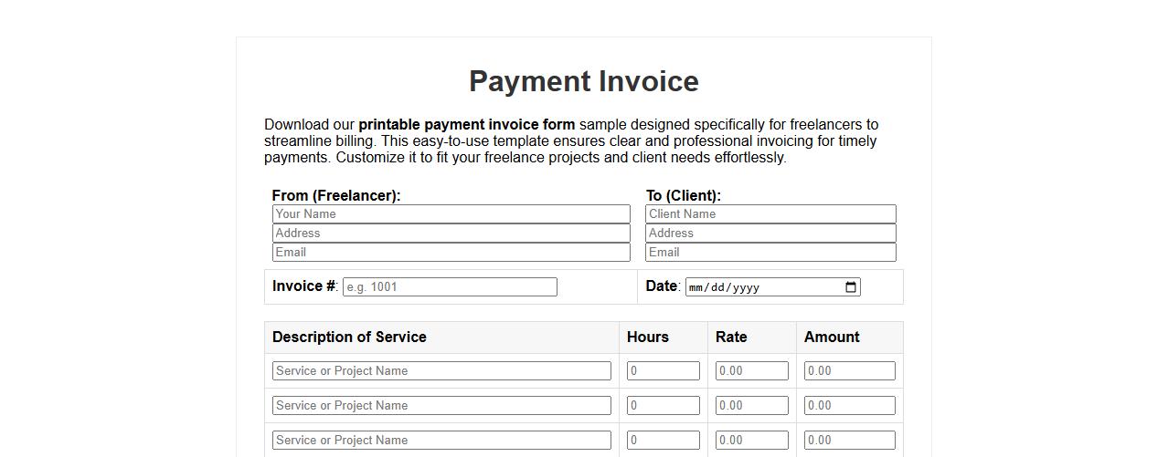 printable payment invoice form sample for freelancers image preview