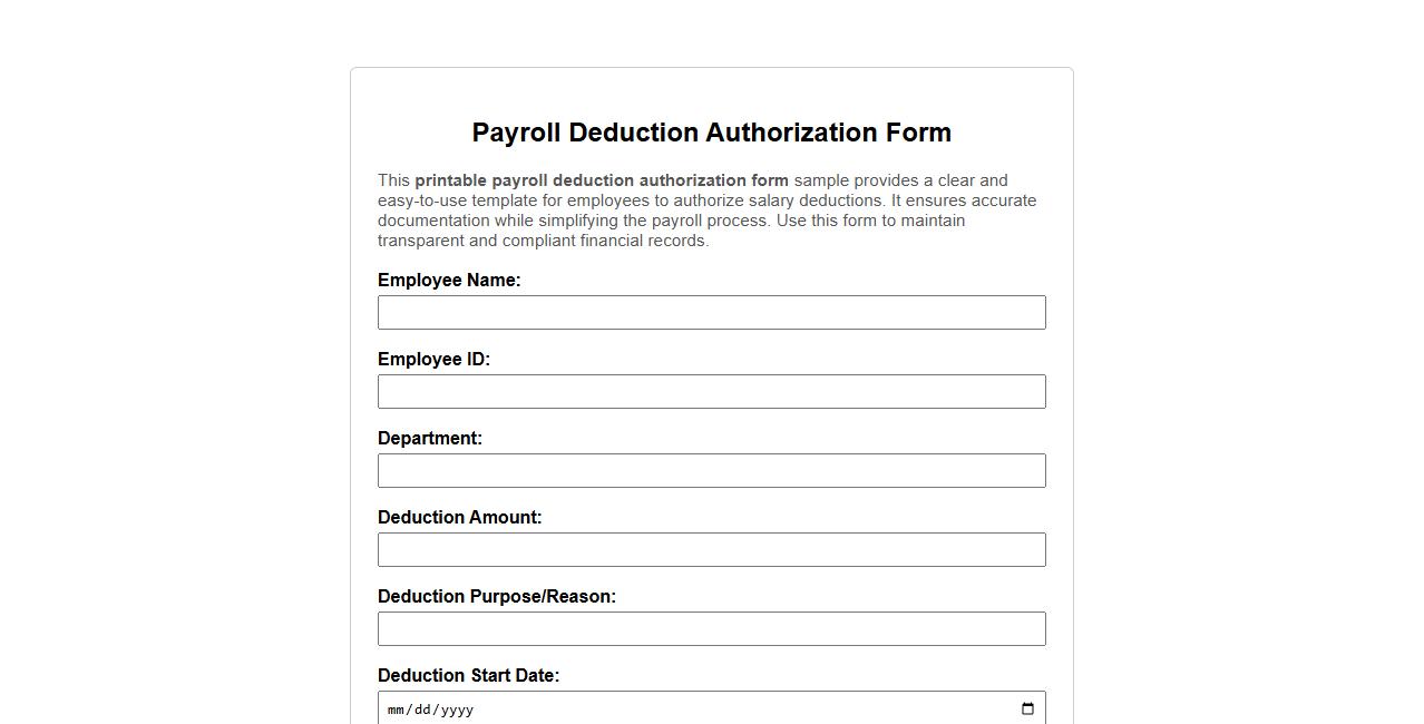 Printable payroll deduction authorization form sample image preview