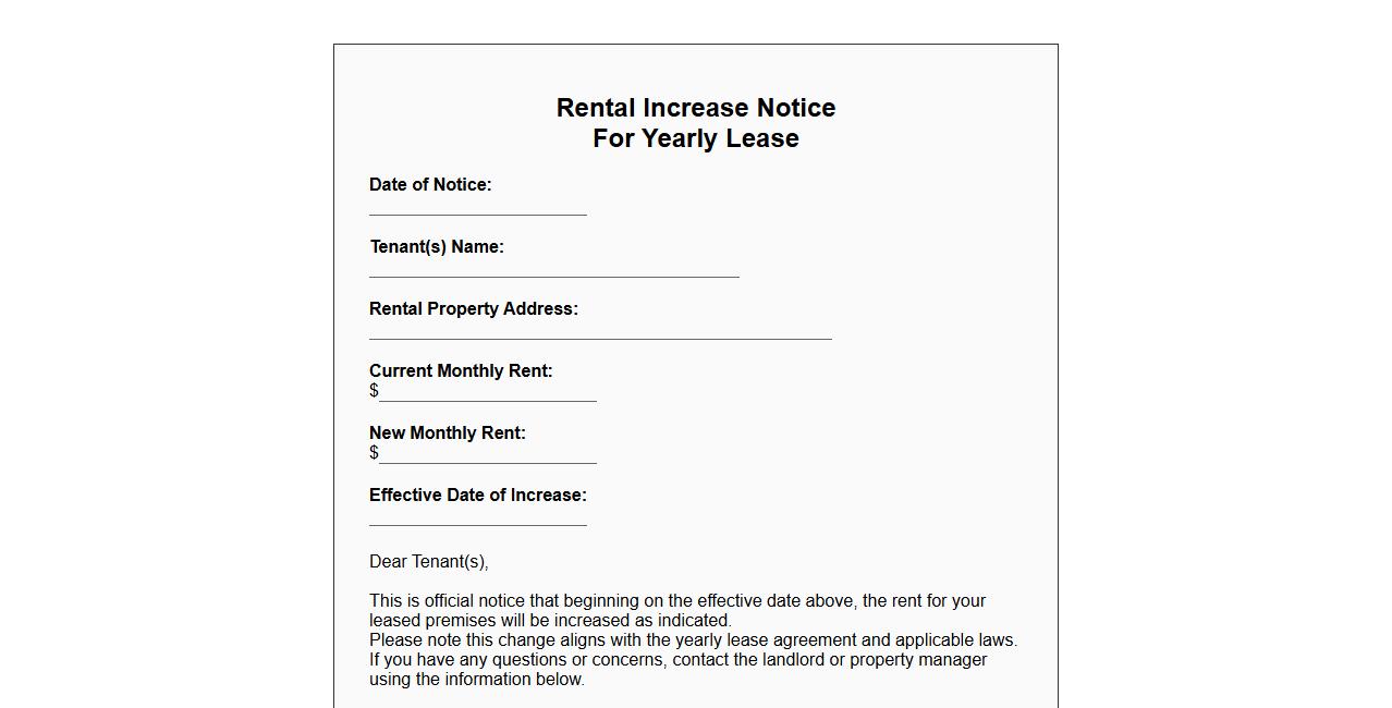 Printable rental increase notice form sample for yearly leases image preview