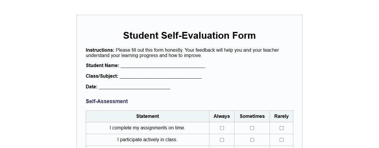 printable student self-evaluation form sample for teachers image preview