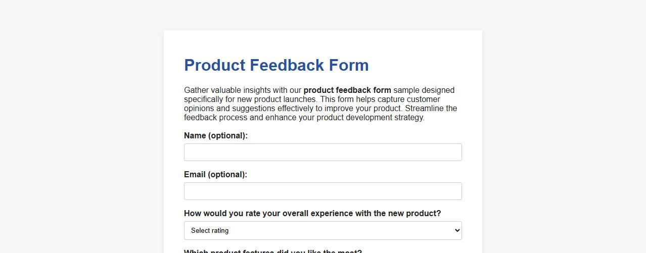 Product feedback form sample for new product launch image preview