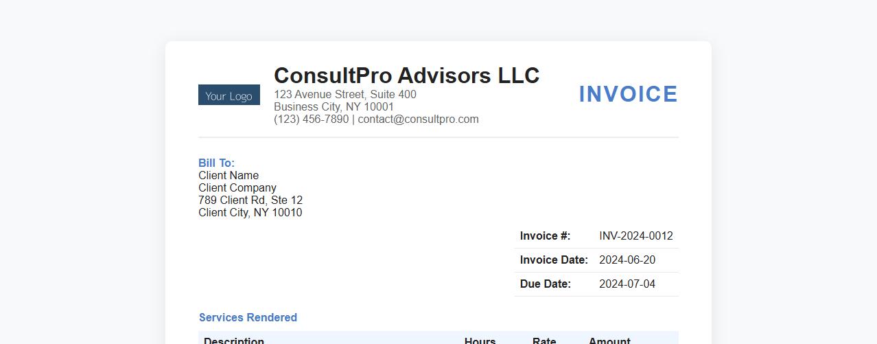 Professional consulting services invoice form with company logo image preview