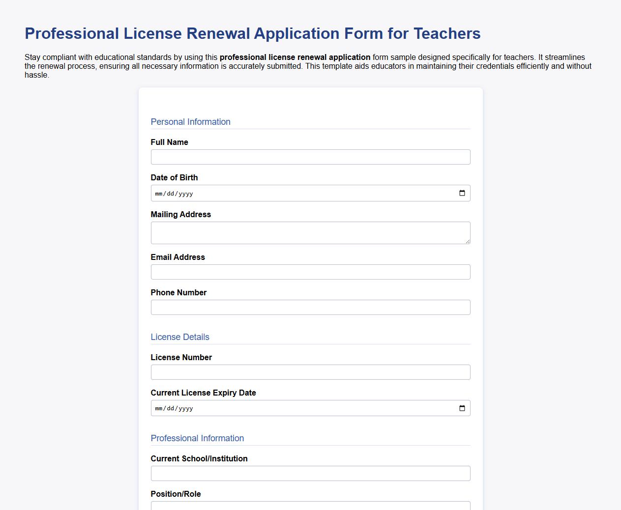 Professional license renewal application form sample for teachers image preview