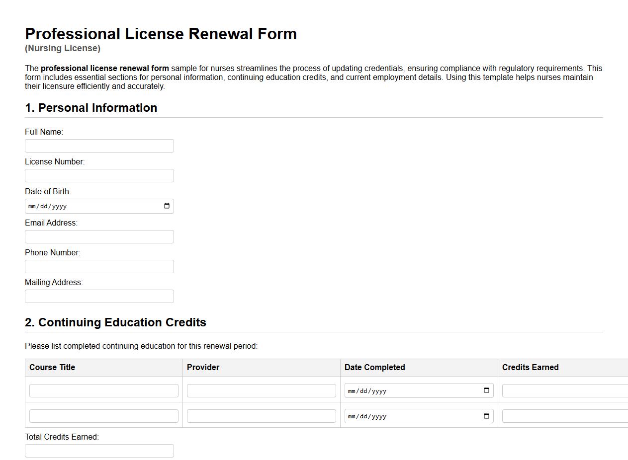 Professional license renewal form sample for nurses image preview