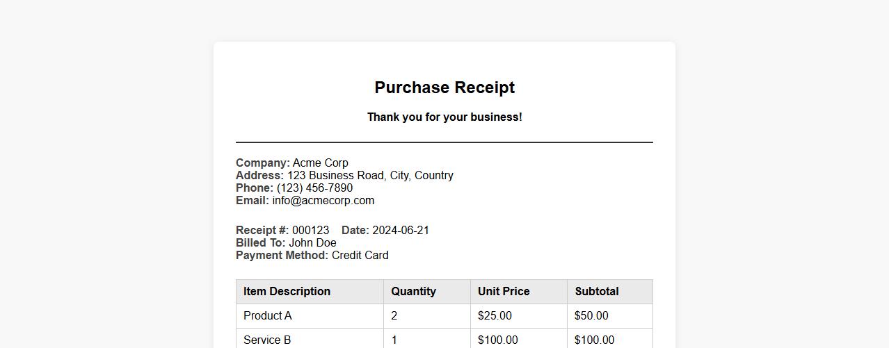 Professional purchase receipt template with itemized list image preview
