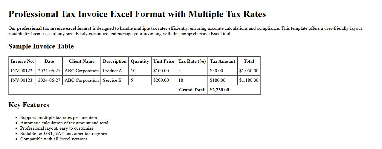 Professional tax invoice excel format with multiple tax rates image preview