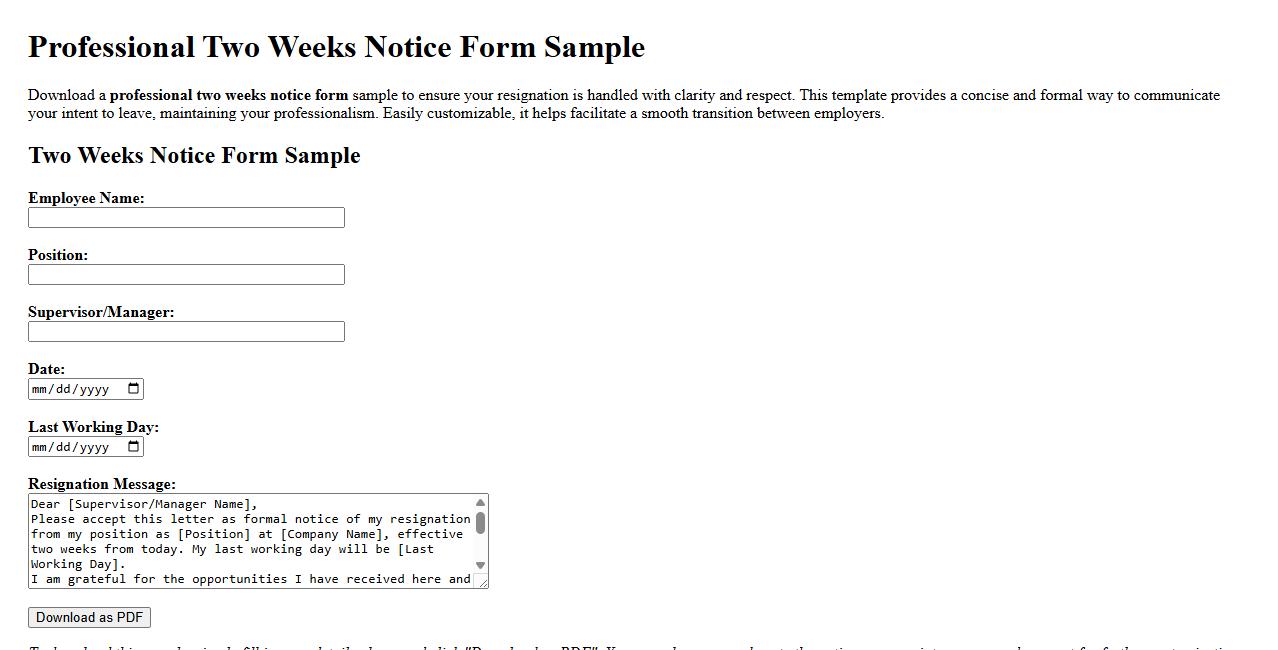 professional two weeks notice form sample download image preview