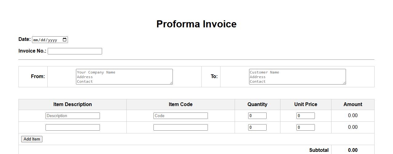 Proforma invoice template with automatic calculations image preview