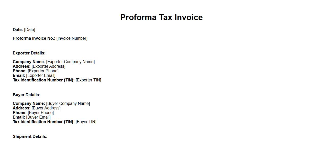 Proforma tax invoice form sample for export image preview