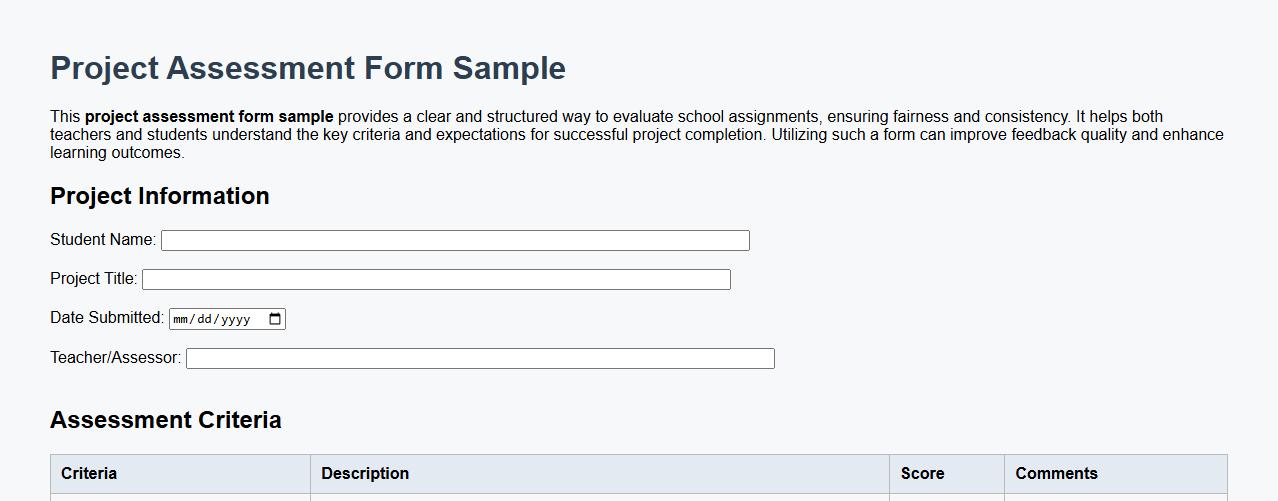 project assessment form sample for school assignments image preview