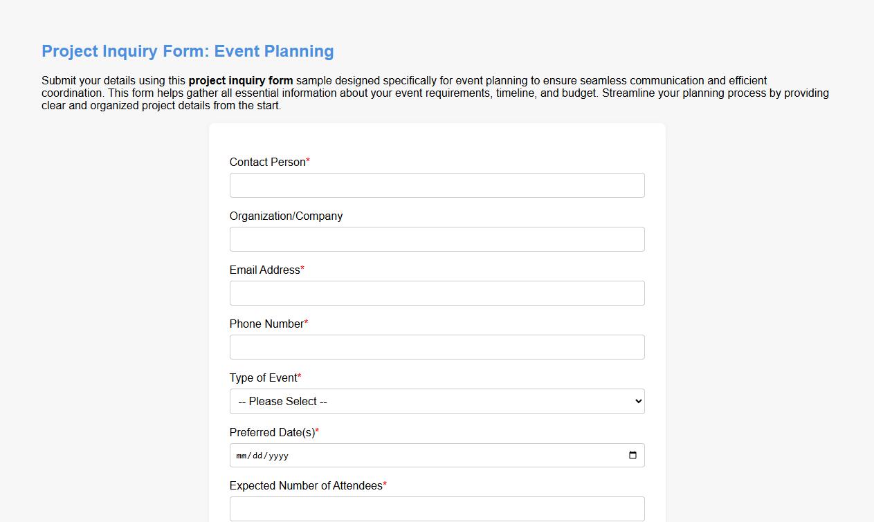project inquiry form sample for event planning image preview