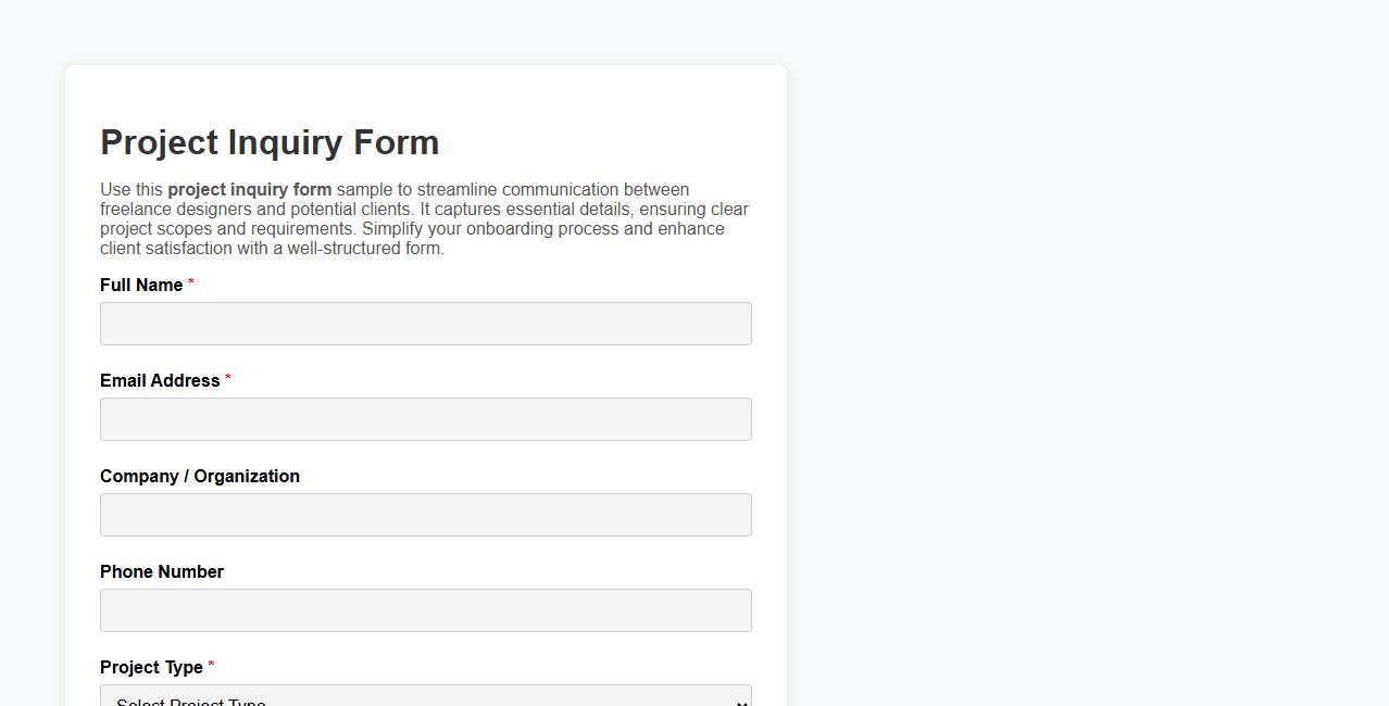 project inquiry form sample for freelance designers image preview