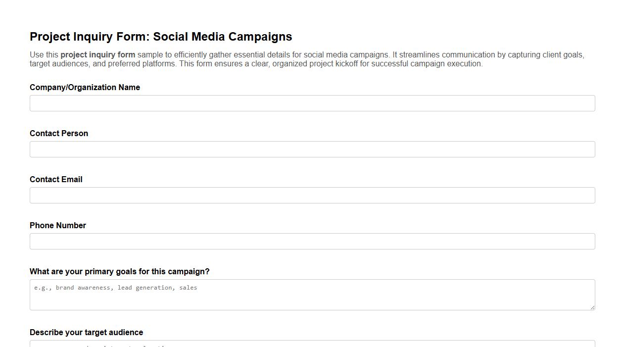 project inquiry form sample for social media campaigns image preview