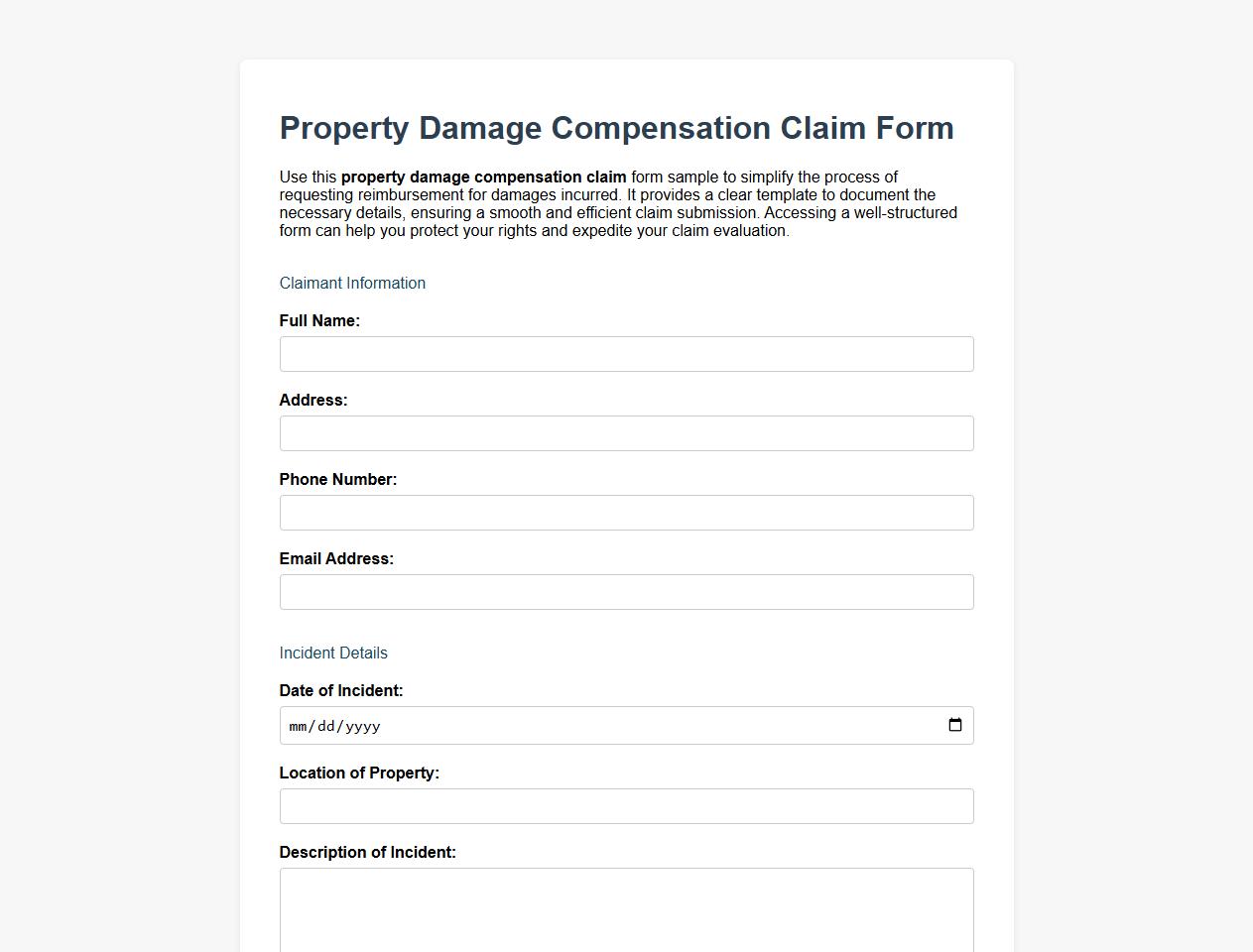 Property damage compensation claim form sample image preview