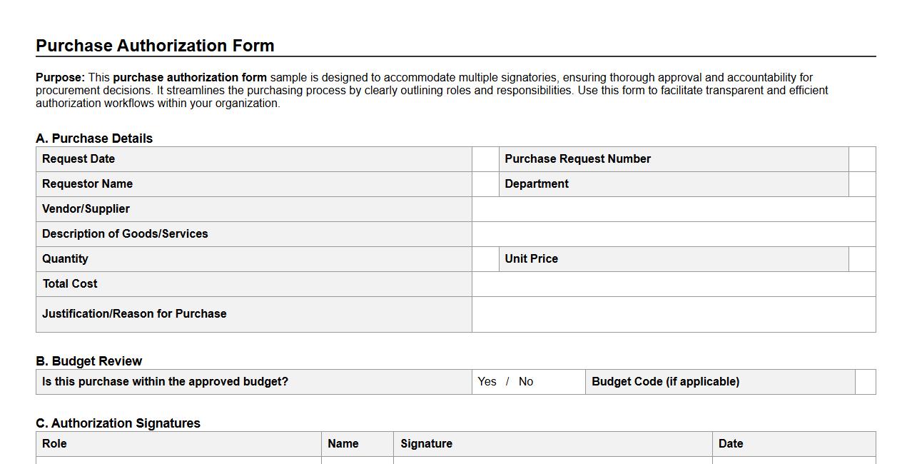 Purchase authorization form sample with multiple signatories image preview