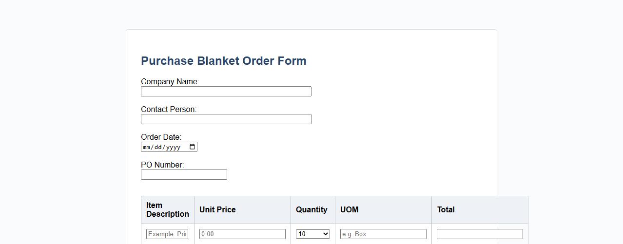 purchase blanket order form sample with quantity options image preview
