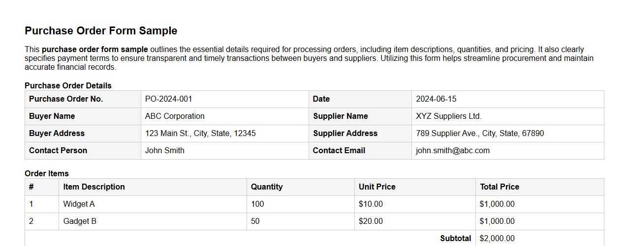 Purchase order form sample including payment terms image preview