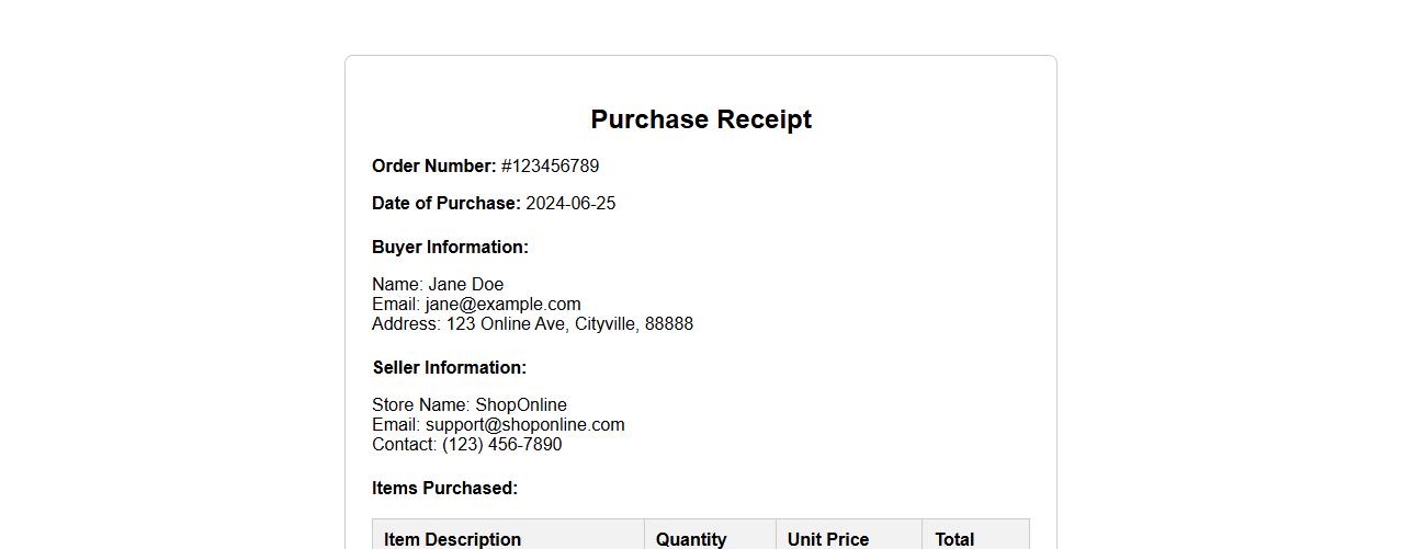 Purchase receipt form sample for online transactions image preview
