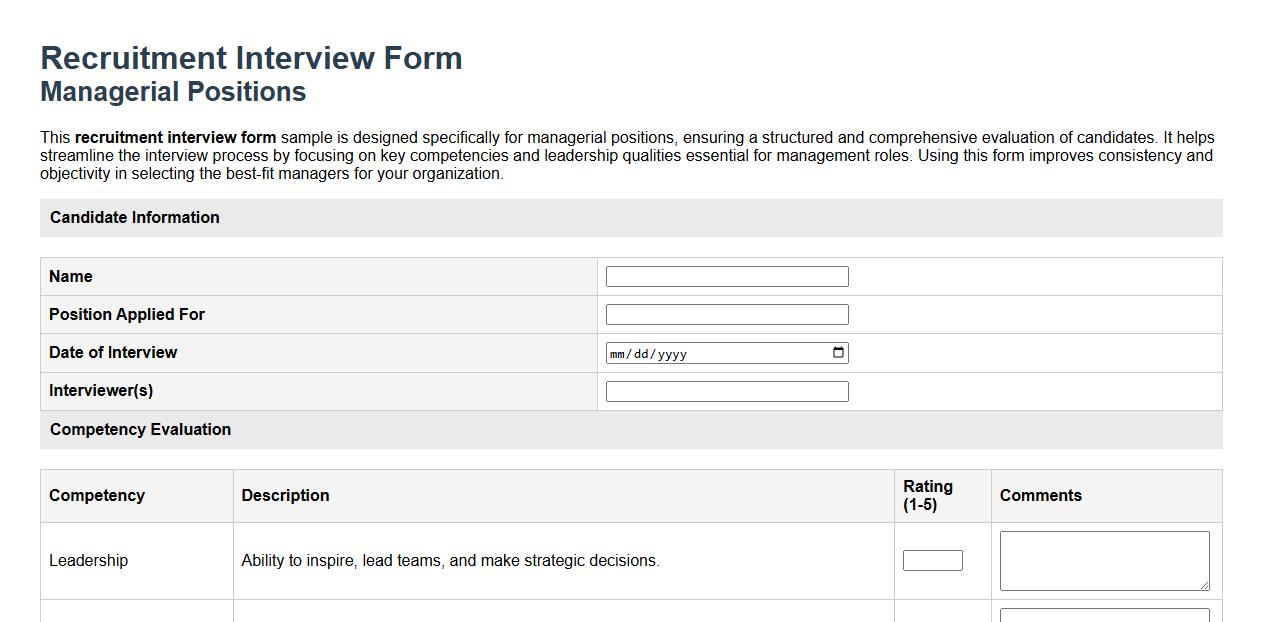 Recruitment interview form sample for managerial positions image preview