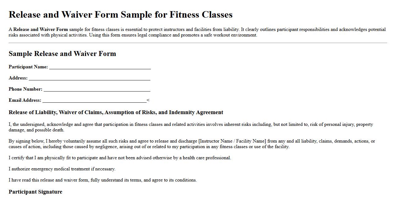 Release and Waiver Form Sample for Fitness Classes image preview