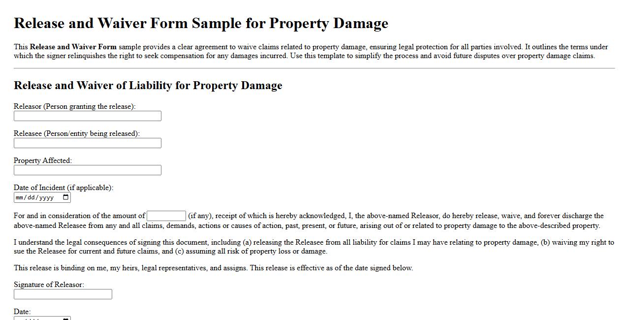 Release and Waiver Form Sample for Property Damage image preview