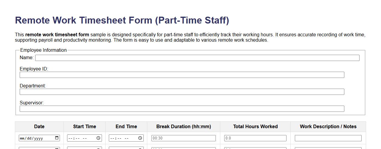 Remote work timesheet form sample for part-time staff image preview
