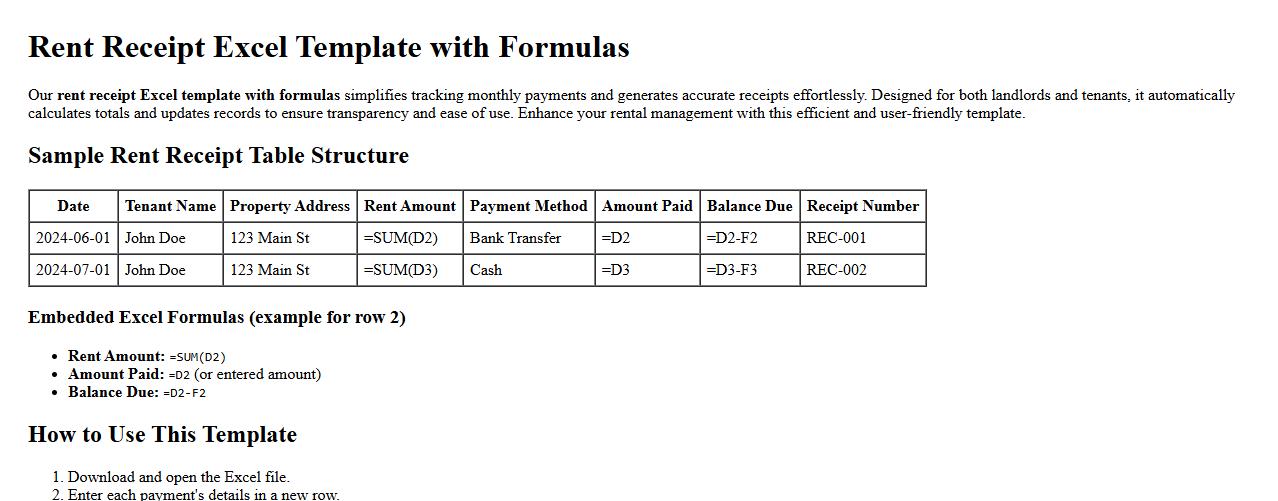 rent receipt excel template with formulas image preview