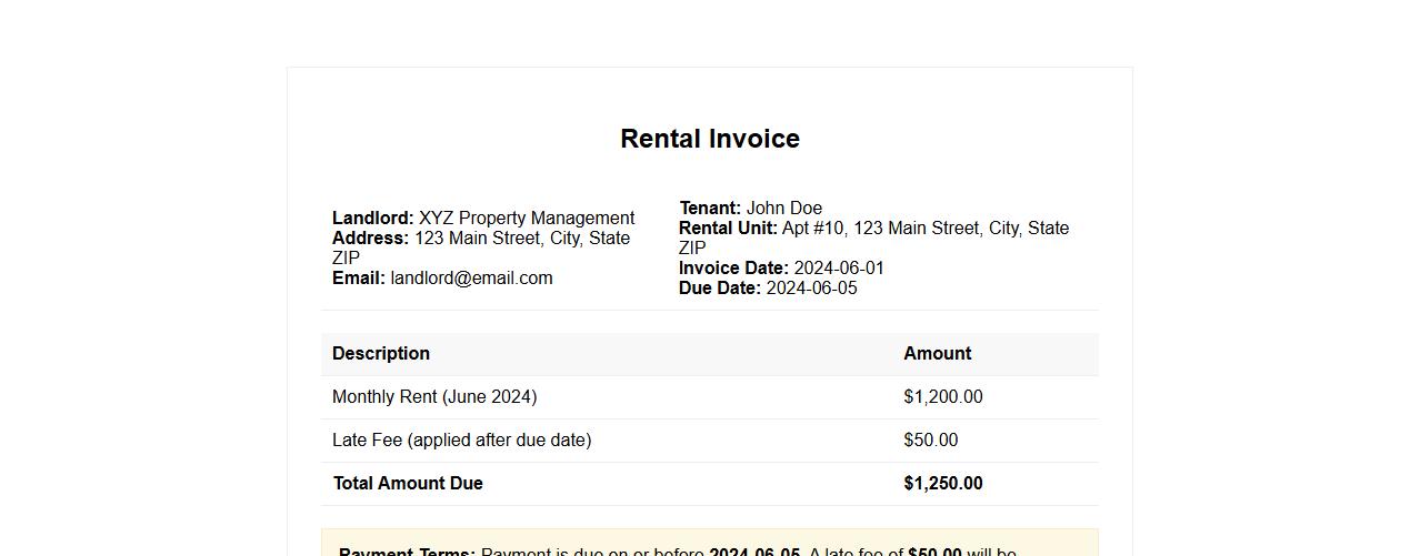 rental invoice example with late fee included image preview