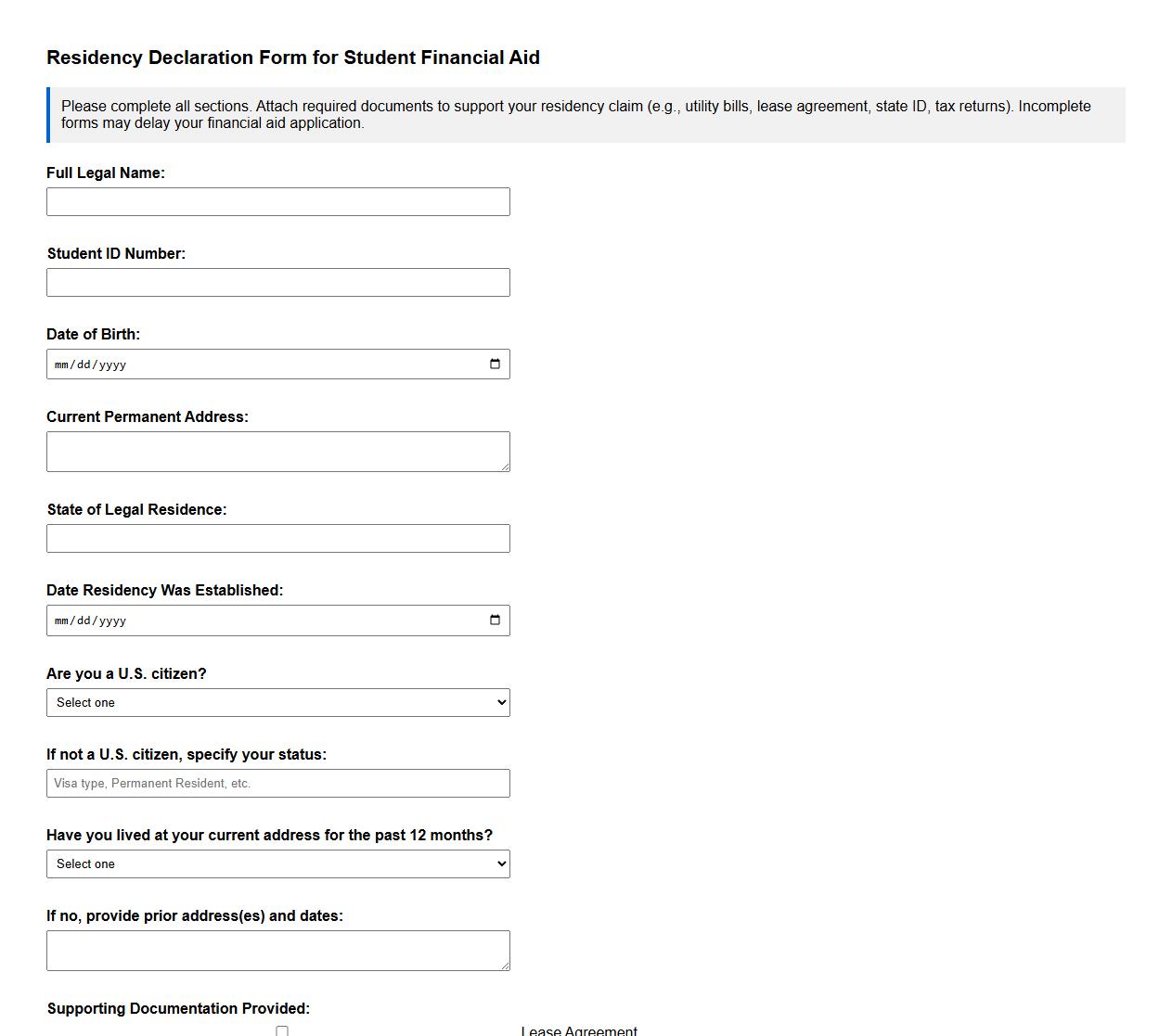 residency declaration form sample for student financial aid image preview