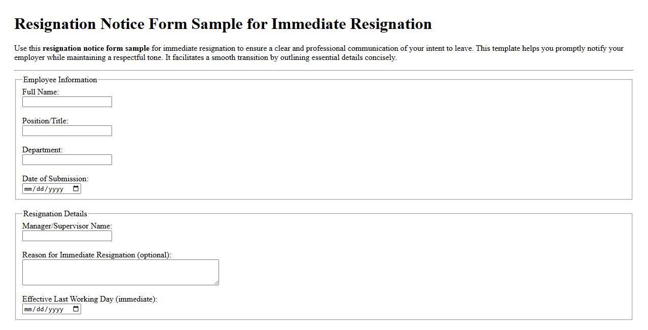 Resignation notice form sample for immediate resignation image preview