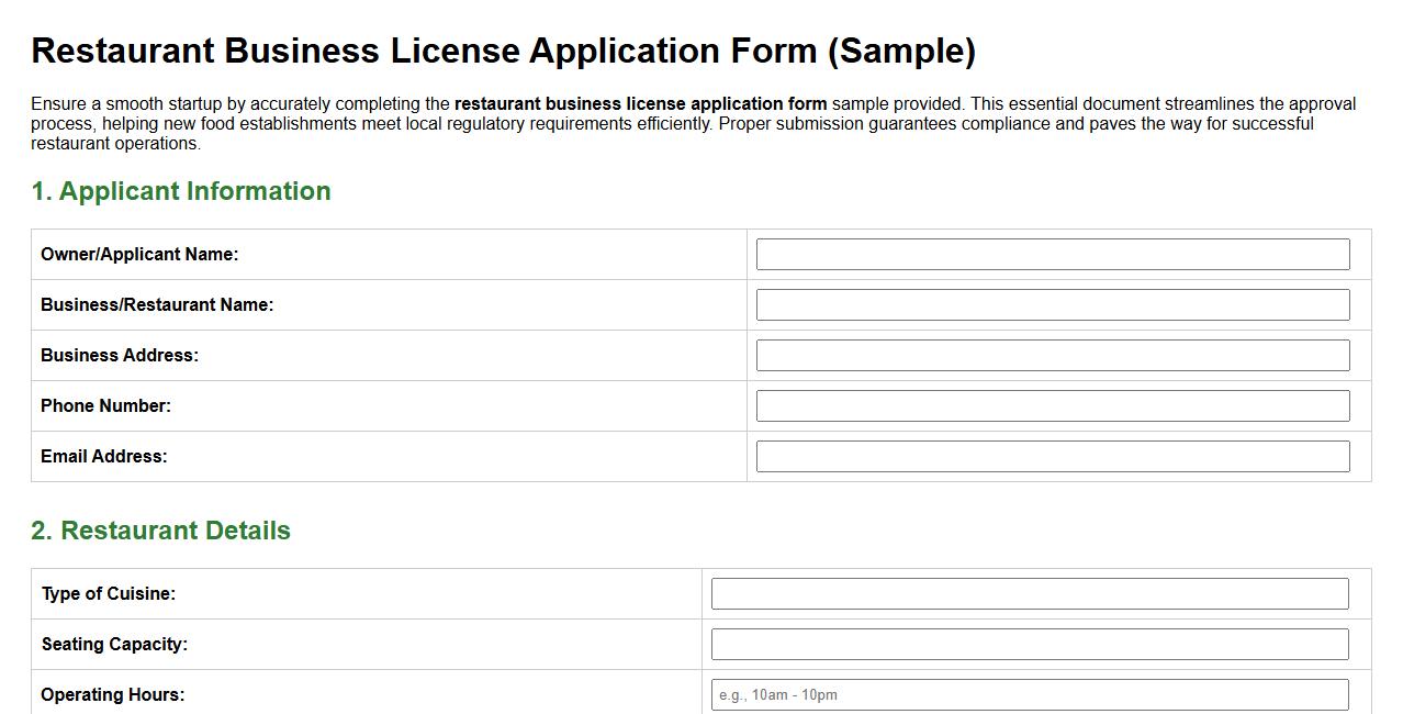 restaurant business license application form sample image preview