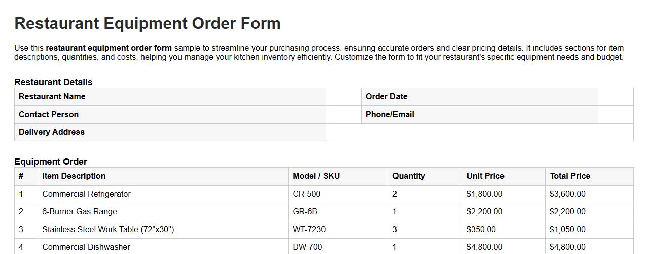 restaurant equipment order form sample with pricing image preview