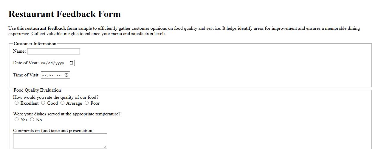 Restaurant feedback form sample for food quality evaluation image preview
