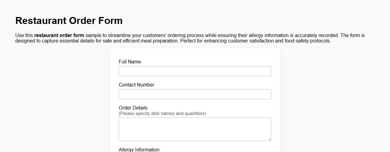 Restaurant order form sample including allergy information image preview