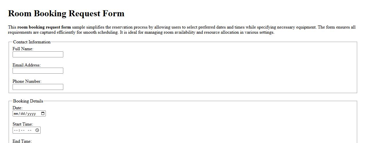 Room booking request form sample with equipment options image preview