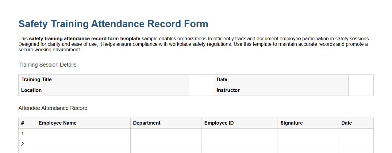Safety training attendance record form template sample image preview