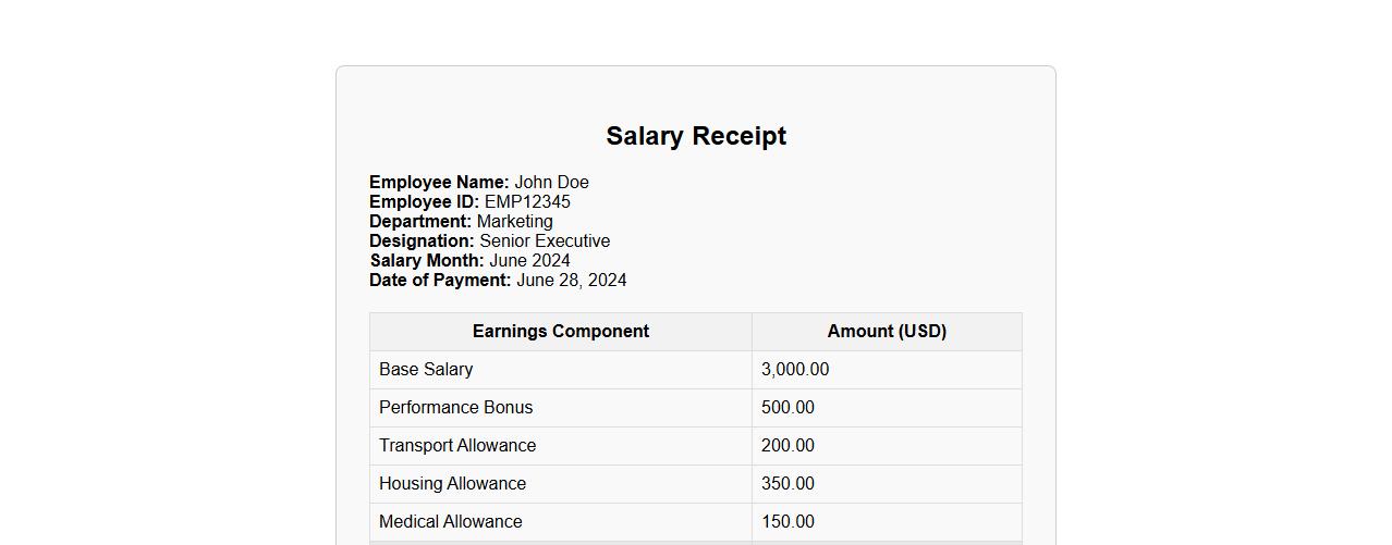 salary receipt with bonus and allowances included image preview